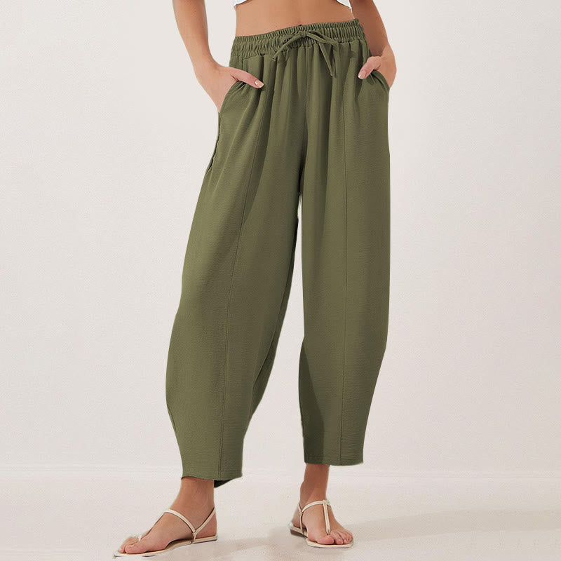 Pantalon Buddha Stones uni ample en polyester avec cordon de serrage pour femme avec poches et longueur 7/8