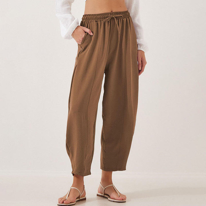 Pantalon Buddha Stones uni ample en polyester avec cordon de serrage pour femme avec poches et longueur 7/8