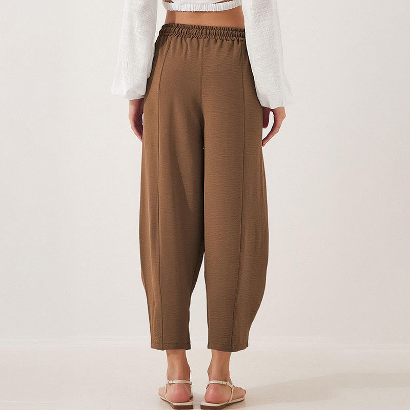 Pantalon Buddha Stones uni ample en polyester avec cordon de serrage pour femme avec poches et longueur 7/8