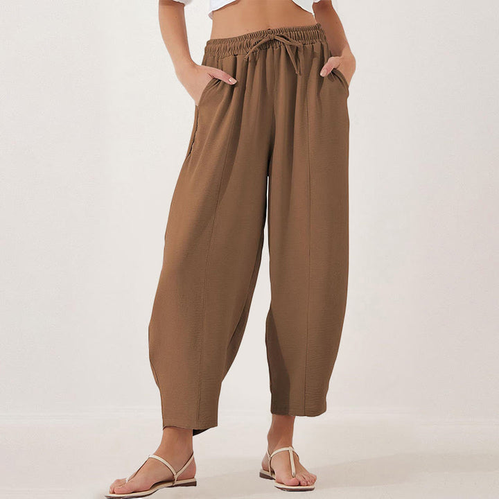 Pantalon Buddha Stones uni ample en polyester avec cordon de serrage pour femme avec poches et longueur 7/8