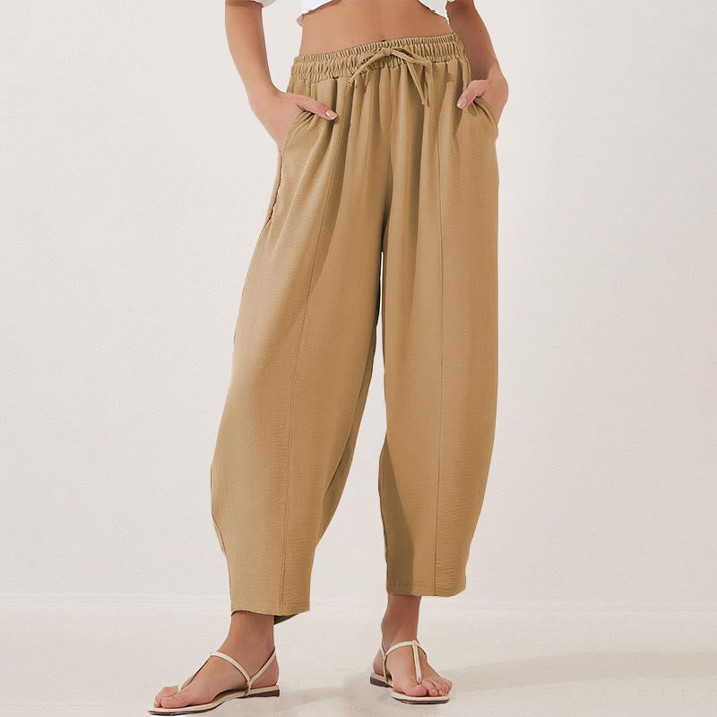Pantalon Buddha Stones uni ample en polyester avec cordon de serrage pour femme avec poches et longueur 7/8