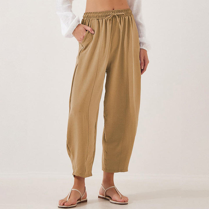 Pantalon Buddha Stones uni ample en polyester avec cordon de serrage pour femme avec poches et longueur 7/8