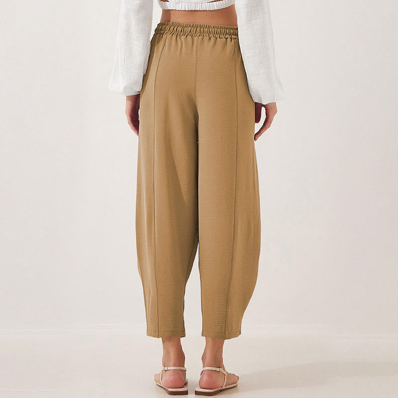 Pantalon Buddha Stones uni ample en polyester avec cordon de serrage pour femme avec poches et longueur 7/8