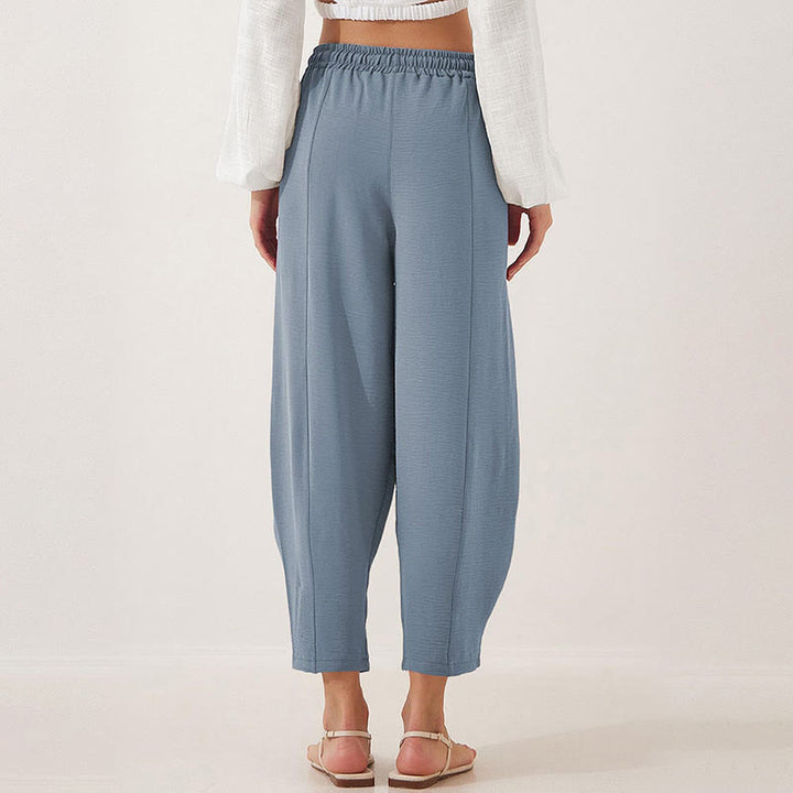 Pantalon Buddha Stones uni ample en polyester avec cordon de serrage pour femme avec poches et longueur 7/8