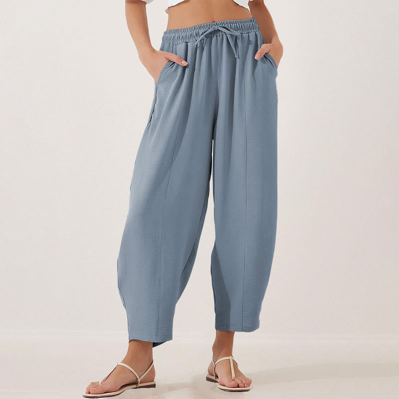Pantalon Buddha Stones uni ample en polyester avec cordon de serrage pour femme avec poches et longueur 7/8