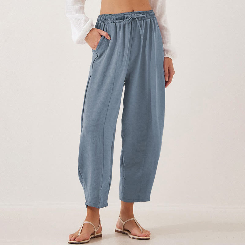 Pantalon Buddha Stones uni ample en polyester avec cordon de serrage pour femme avec poches et longueur 7/8