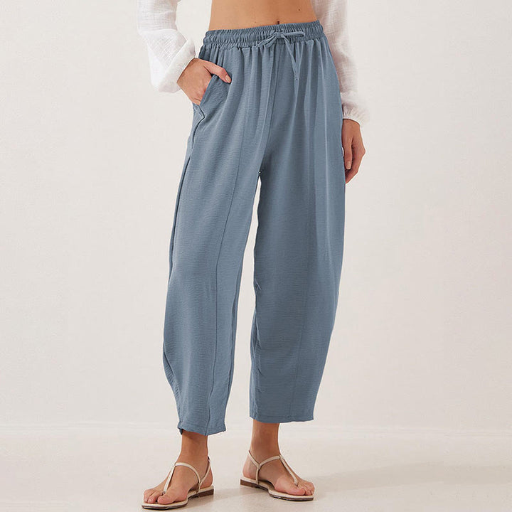 Pantalon Buddha Stones uni ample en polyester avec cordon de serrage pour femme avec poches et longueur 7/8