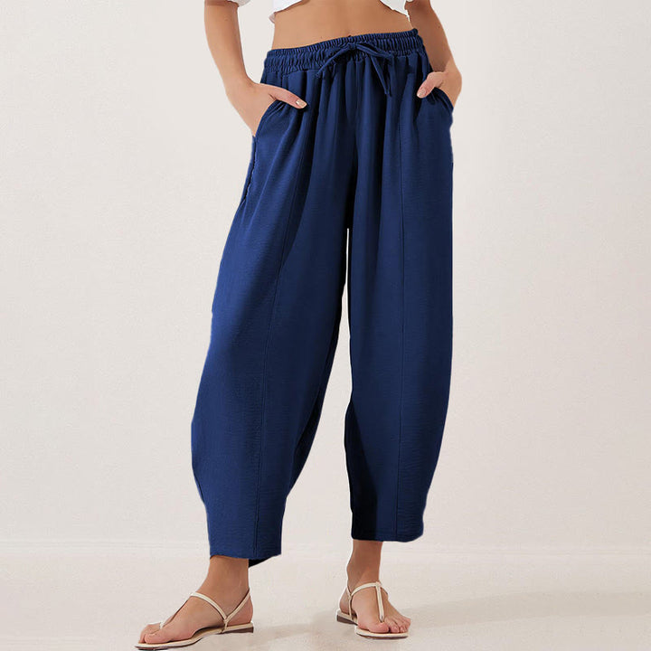 Pantalon Buddha Stones uni ample en polyester avec cordon de serrage pour femme avec poches et longueur 7/8