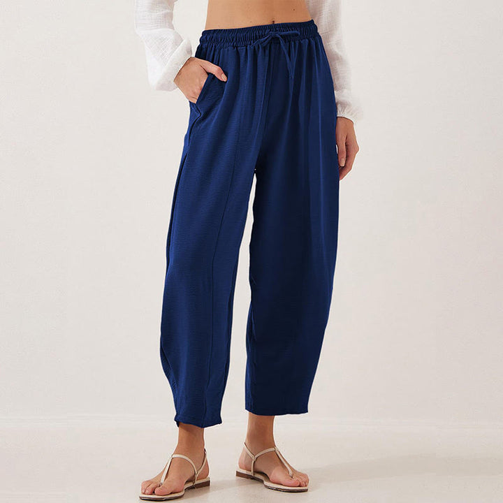 Pantalon Buddha Stones uni ample en polyester avec cordon de serrage pour femme avec poches et longueur 7/8