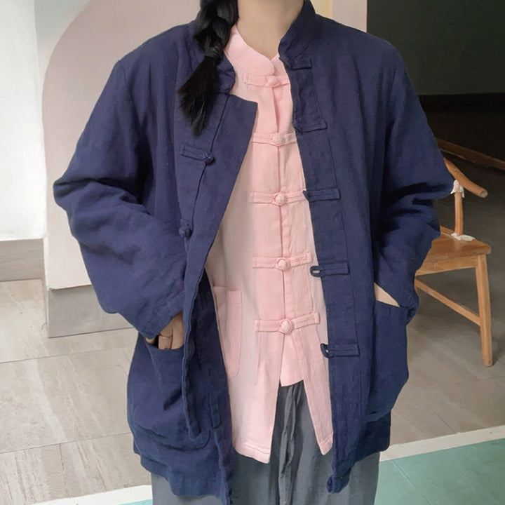 Chemises pour femmes en coton et lin à manches longues et Buddha Stones de grenouille de couleur unie avec poches - image 18