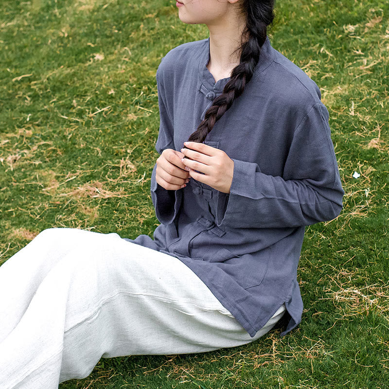 Chemises pour femmes en coton et lin à manches longues et Buddha Stones de grenouille de couleur unie avec poches - image 25