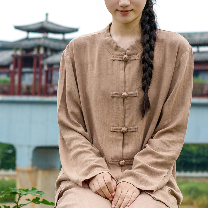 Chemises pour femmes en coton et lin à manches longues et Buddha Stones de grenouille de couleur unie avec poches - image 21