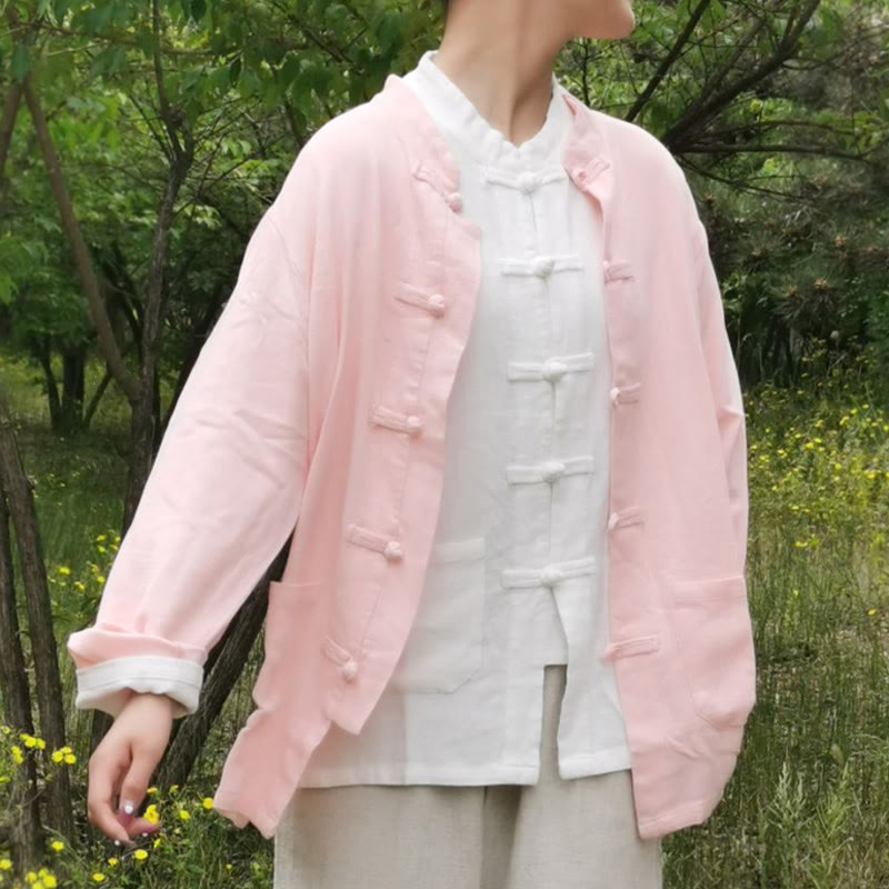 Chemises pour femmes en coton et lin à manches longues et Buddha Stones de grenouille de couleur unie avec poches - Rose - US6，UK/AU10，EU38 (XL) - image 16