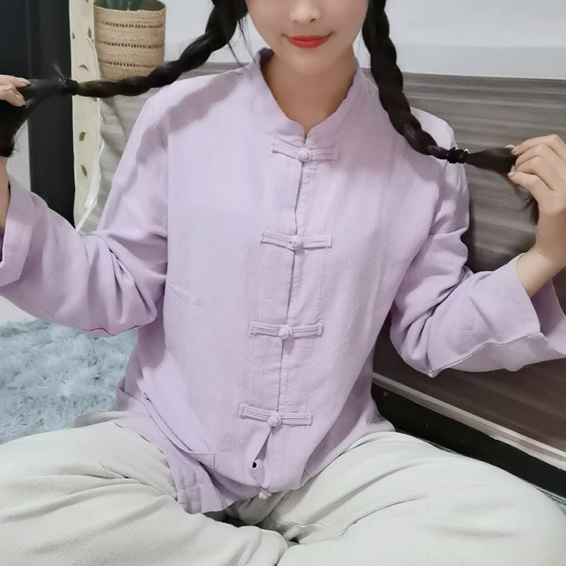 Chemises pour femmes en coton et lin à manches longues et Buddha Stones de grenouille de couleur unie avec poches - Chardon - US6，UK/AU10，EU38 (XL) - image 8