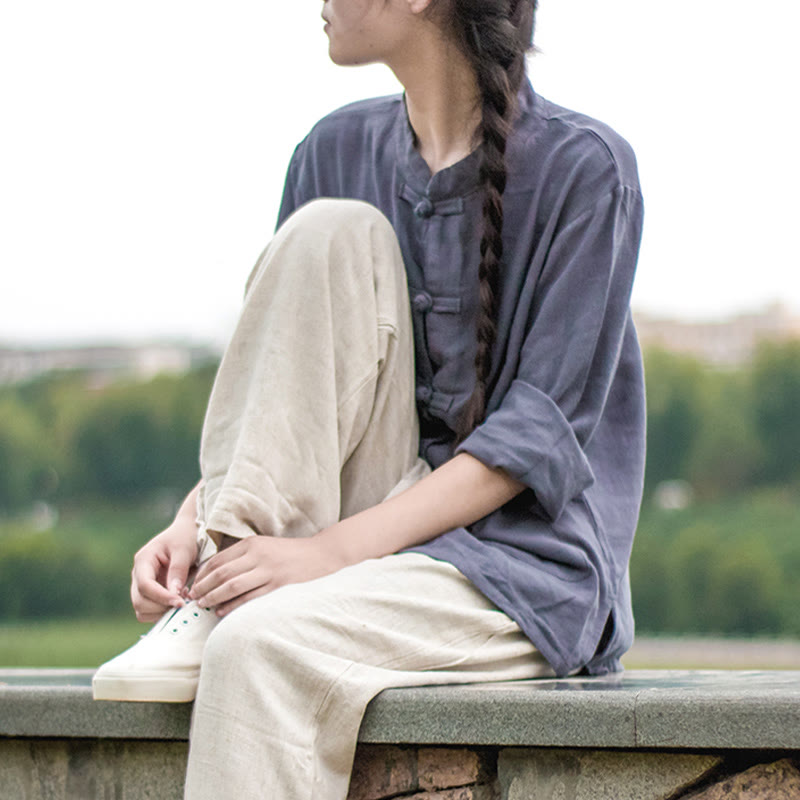 Chemises pour femmes en coton et lin à manches longues et Buddha Stones de grenouille de couleur unie avec poches - image 26