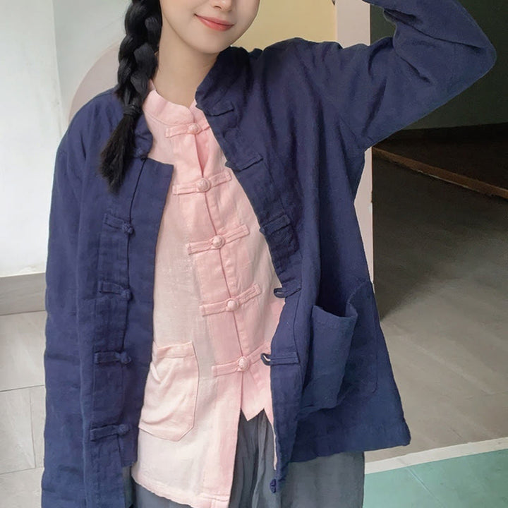 Chemises pour femmes en coton et lin à manches longues et Buddha Stones de grenouille de couleur unie avec poches - image 17