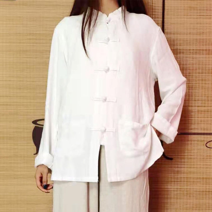 Chemises pour femmes en coton et lin à manches longues et Buddha Stones de grenouille de couleur unie avec poches - image 1