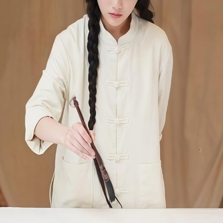 Chemises pour femmes en coton et lin à manches longues et Buddha Stones de grenouille de couleur unie avec poches - image 3