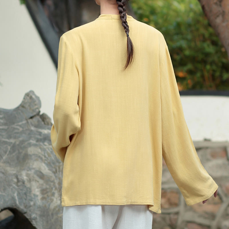 Chemises pour femmes en coton et lin à manches longues et Buddha Stones de grenouille de couleur unie avec poches - image 15