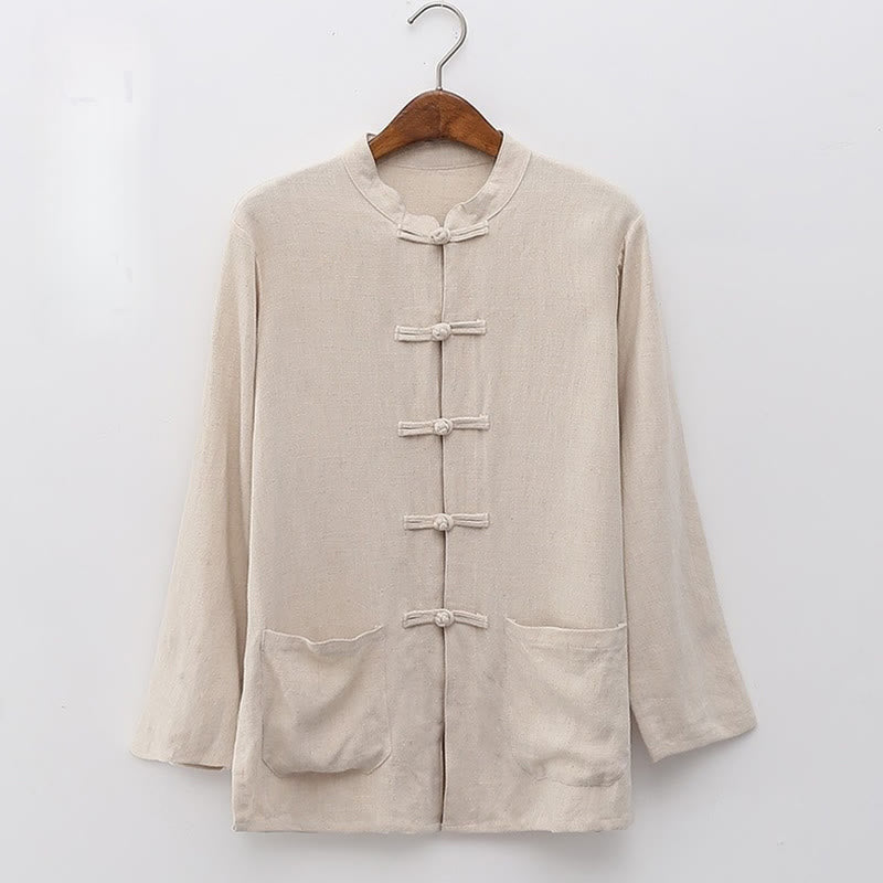 Chemises pour femmes en coton et lin à manches longues et Buddha Stones de grenouille de couleur unie avec poches - Vieille Dentelle - US6，UK/AU10，EU38 (XL) - image 3