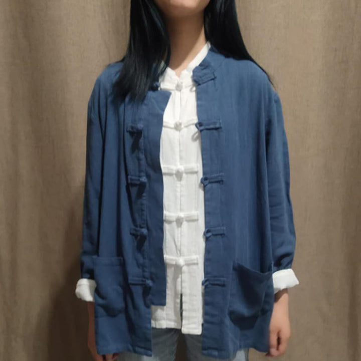 Chemises pour femmes en coton et lin à manches longues et Buddha Stones de grenouille de couleur unie avec poches - Bleu ardoise foncé - US6，UK/AU10，EU38 (XL) - image 10