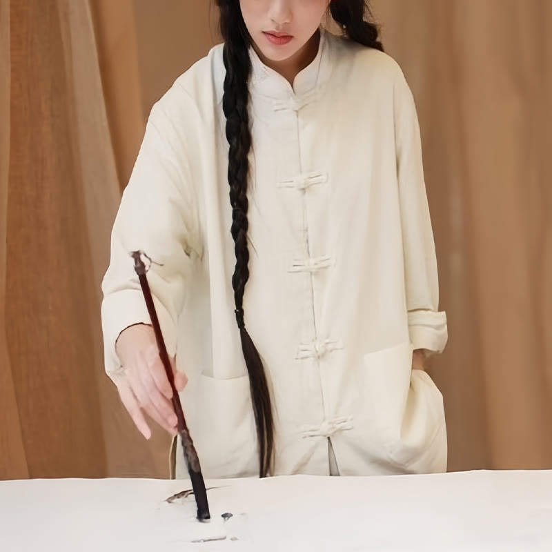 Chemises pour femmes en coton et lin à manches longues et Buddha Stones de grenouille de couleur unie avec poches - image 4