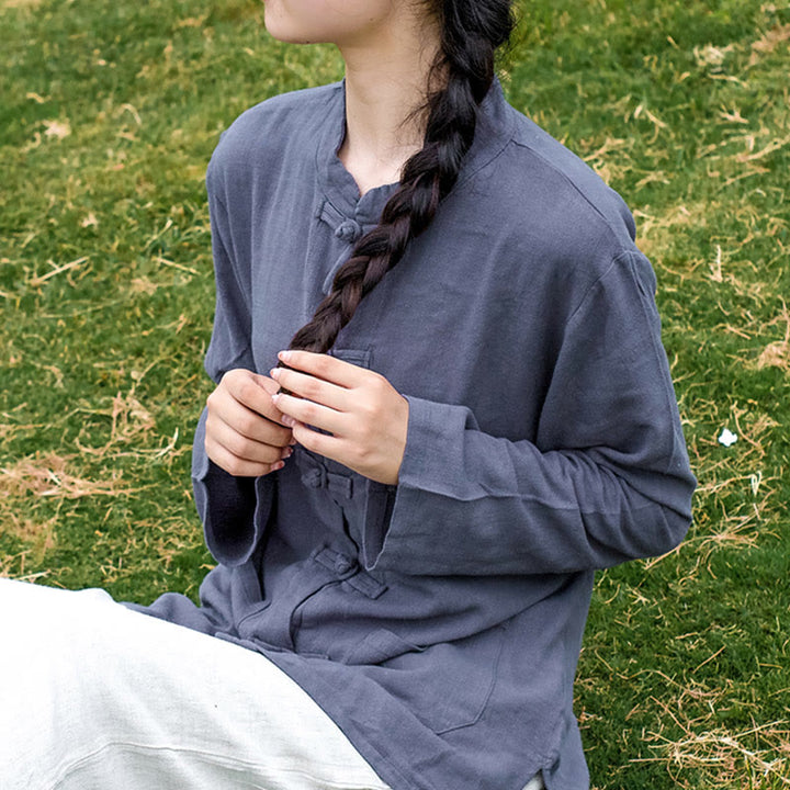 Chemises pour femmes en coton et lin à manches longues et Buddha Stones de grenouille de couleur unie avec poches - Bleu acier clair - US6，UK/AU10，EU38 (XL) - image 24