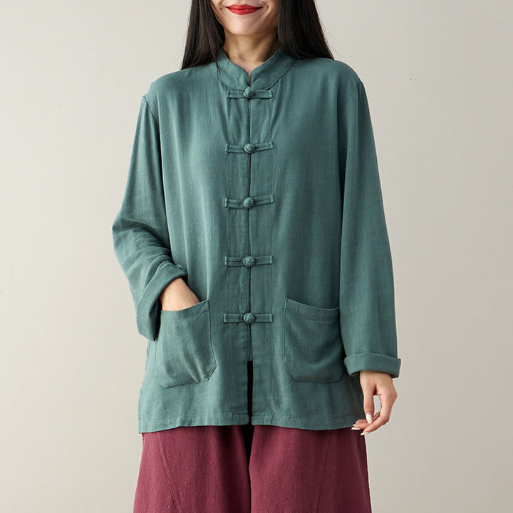 Chemises pour femmes en coton et lin à manches longues et Buddha Stones de grenouille de couleur unie avec poches - image 12