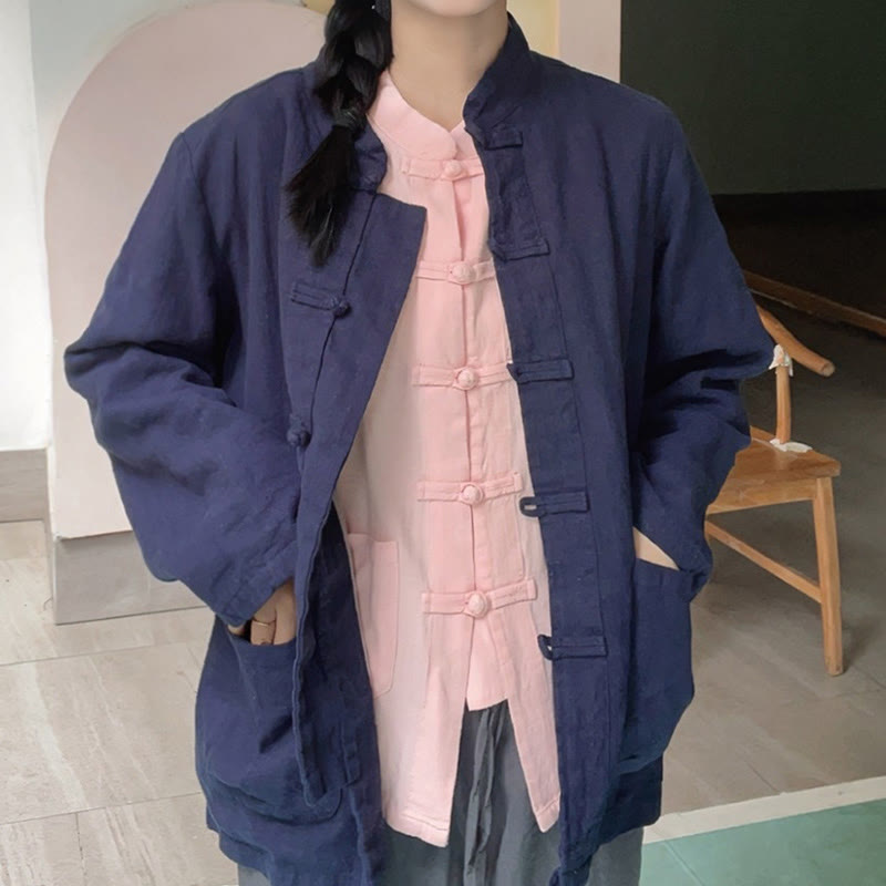 Chemises pour femmes en coton et lin à manches longues et Buddha Stones de grenouille de couleur unie avec poches - image 19