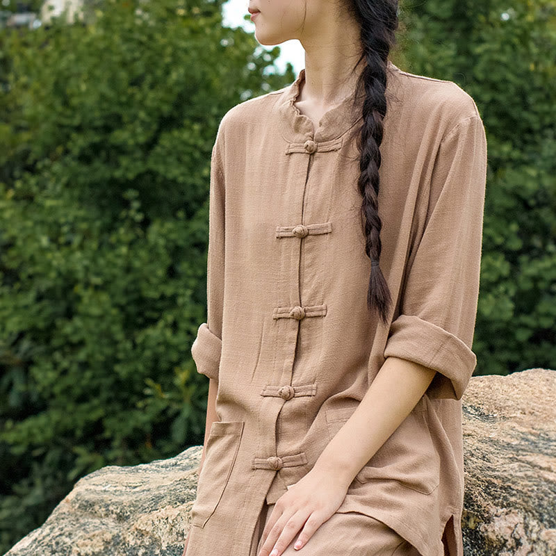 Chemises pour femmes en coton et lin à manches longues et Buddha Stones de grenouille de couleur unie avec poches - image 23