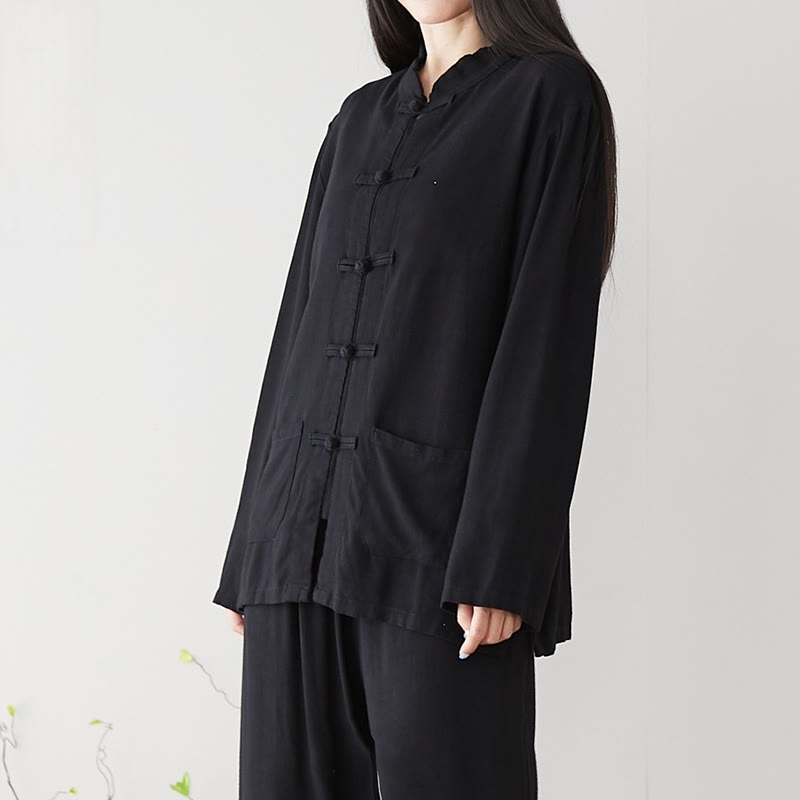 Chemises pour femmes en coton et lin à manches longues et Buddha Stones de grenouille de couleur unie avec poches - Noir - US6，UK/AU10，EU38 (XL) - image 6