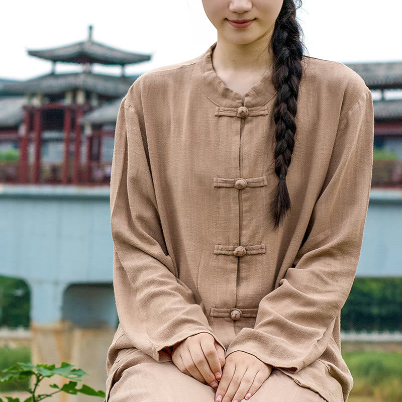 Chemises pour femmes en coton et lin à manches longues et Buddha Stones de grenouille de couleur unie avec poches - image 21