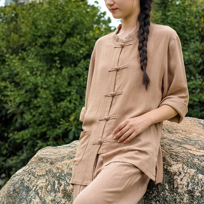 Chemises pour femmes en coton et lin à manches longues et Buddha Stones de grenouille de couleur unie avec poches - image 22