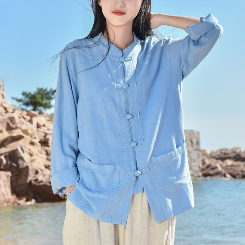 Chemises pour femmes en coton et lin à manches longues et Buddha Stones de grenouille de couleur unie avec poches - Bleu ciel clair - US6，UK/AU10，EU38 (XL) - image 7