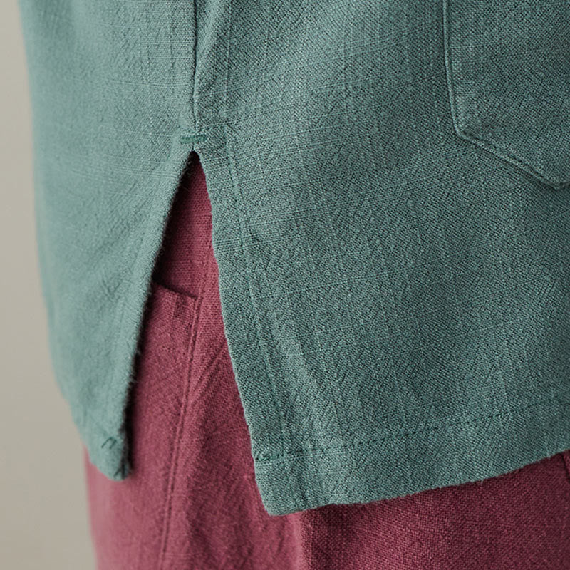 Chemises pour femmes en coton et lin à manches longues et Buddha Stones de grenouille de couleur unie avec poches - image 13