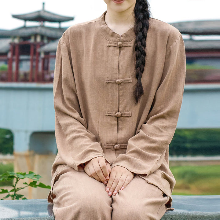 Chemises pour femmes en coton et lin à manches longues et Buddha Stones de grenouille de couleur unie avec poches - BurlyWood - US6，UK/AU10，EU38 (XL) - image 20