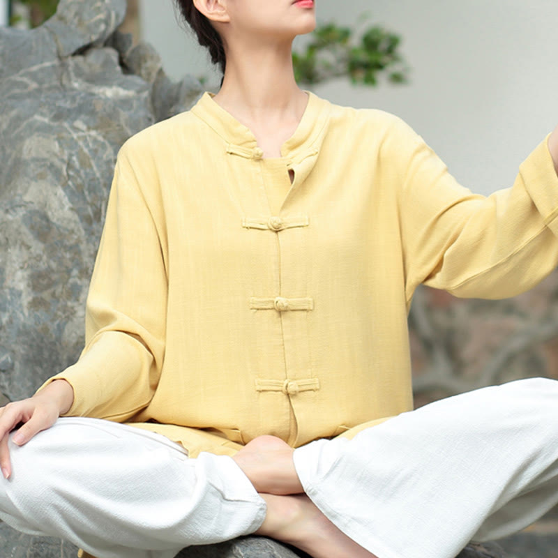 Chemises pour femmes en coton et lin à manches longues et Buddha Stones de grenouille de couleur unie avec poches - Kaki - US6，UK/AU10，EU38 (XL) - image 14