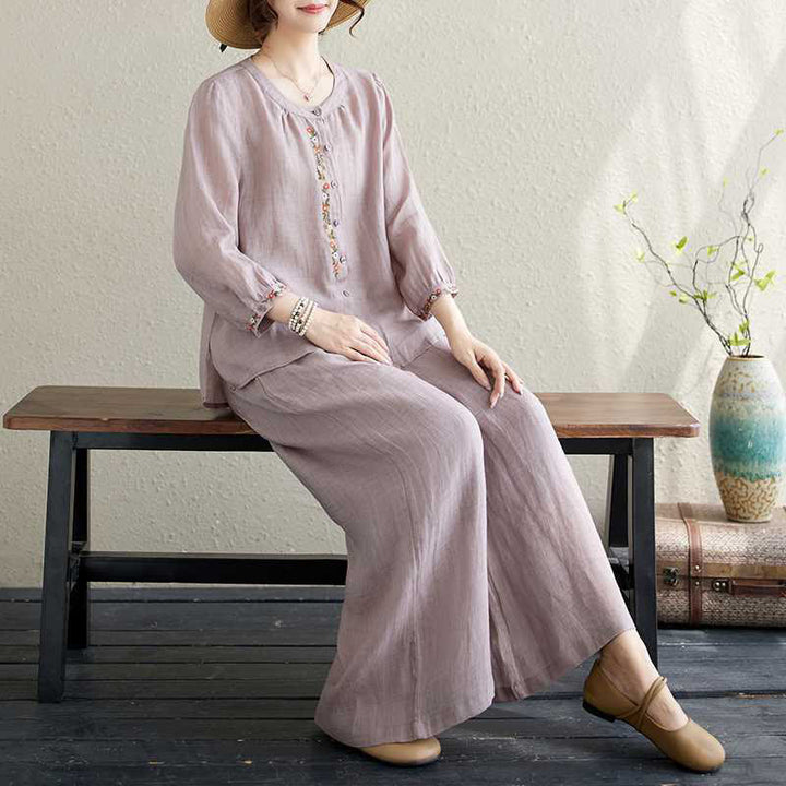 Ensemble 2 pièces en coton avec broderie de fleurs et Buddha Stones , haut et pantalon, vêtements de méditation Zen Tai Chi pour femmes - image 1