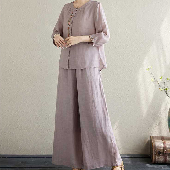 Ensemble 2 pièces en coton avec broderie de fleurs et Buddha Stones , haut et pantalon, vêtements de méditation Zen Tai Chi pour femmes - image 6