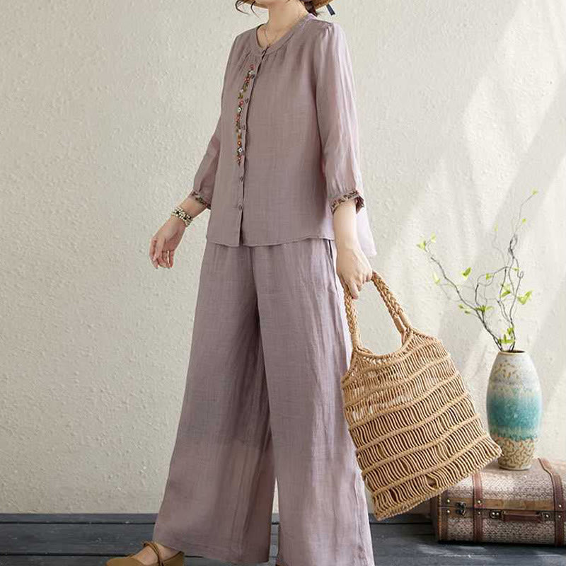 Ensemble 2 pièces en coton avec broderie de fleurs et Buddha Stones , haut et pantalon, vêtements de méditation Zen Tai Chi pour femmes - image 2