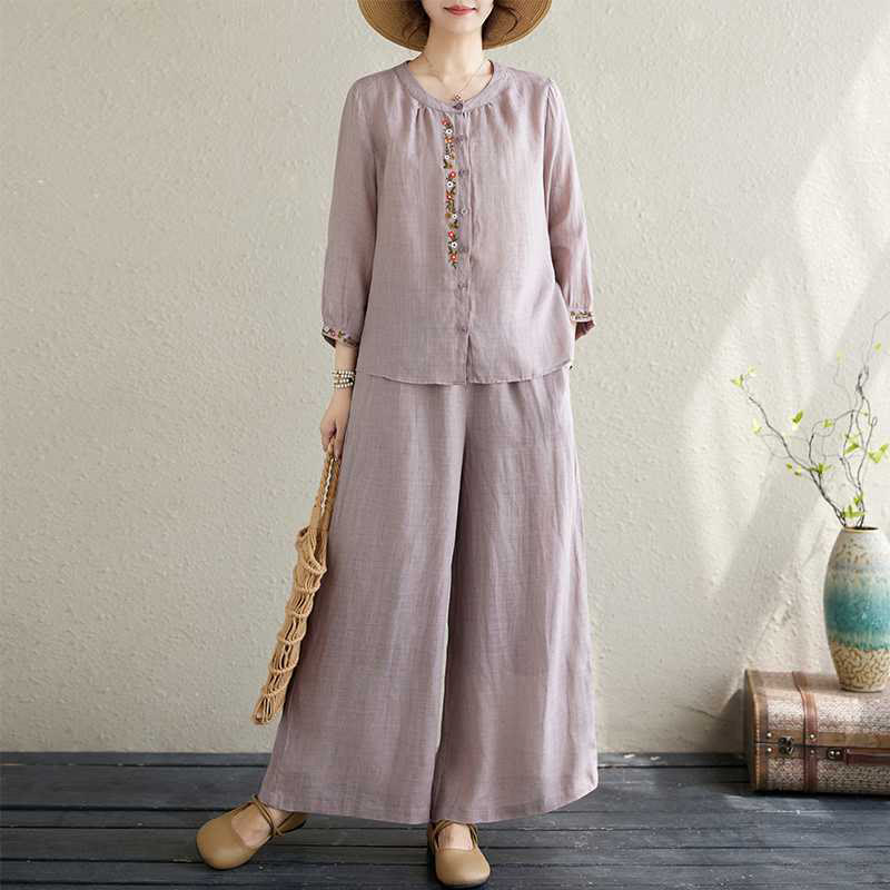 Ensemble 2 pièces en coton avec broderie de fleurs et Buddha Stones , haut et pantalon, vêtements de méditation Zen Tai Chi pour femmes - Chardon - US6，UK/AU10，EU38 (XL) - image 0