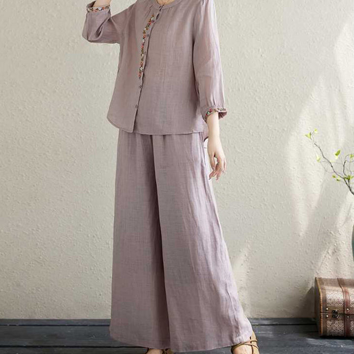 Ensemble 2 pièces en coton avec broderie de fleurs et Buddha Stones , haut et pantalon, vêtements de méditation Zen Tai Chi pour femmes - image 4