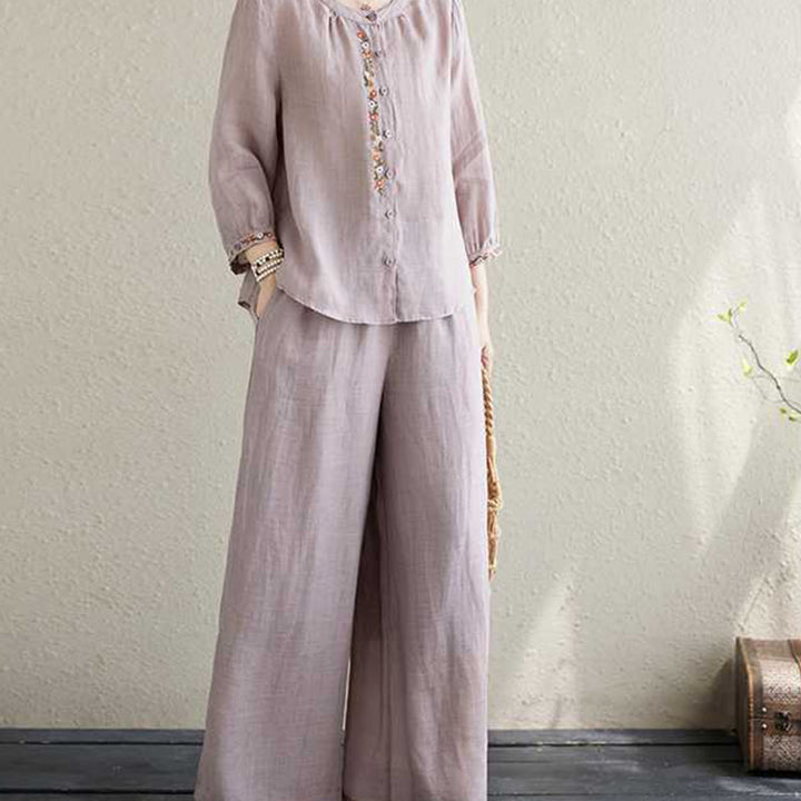 Ensemble 2 pièces en coton avec broderie de fleurs et Buddha Stones , haut et pantalon, vêtements de méditation Zen Tai Chi pour femmes - image 10