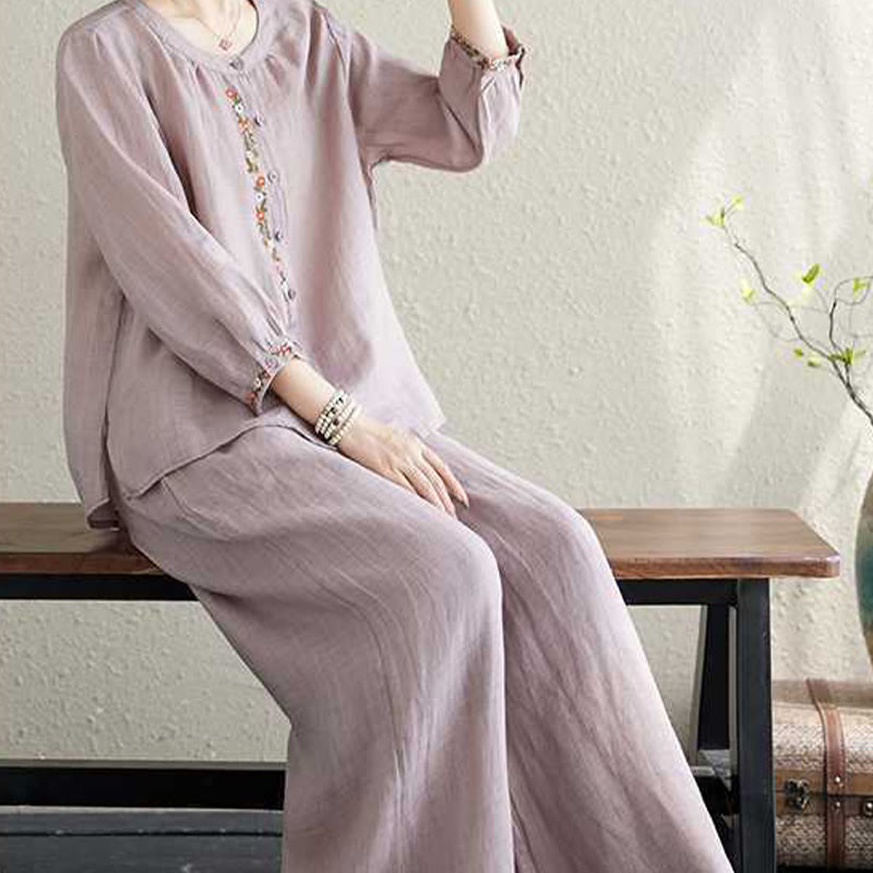 Ensemble 2 pièces en coton avec broderie de fleurs et Buddha Stones , haut et pantalon, vêtements de méditation Zen Tai Chi pour femmes - image 8