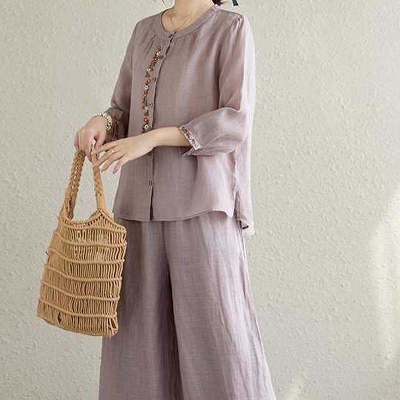 Ensemble 2 pièces en coton avec broderie de fleurs et Buddha Stones , haut et pantalon, vêtements de méditation Zen Tai Chi pour femmes - image 7