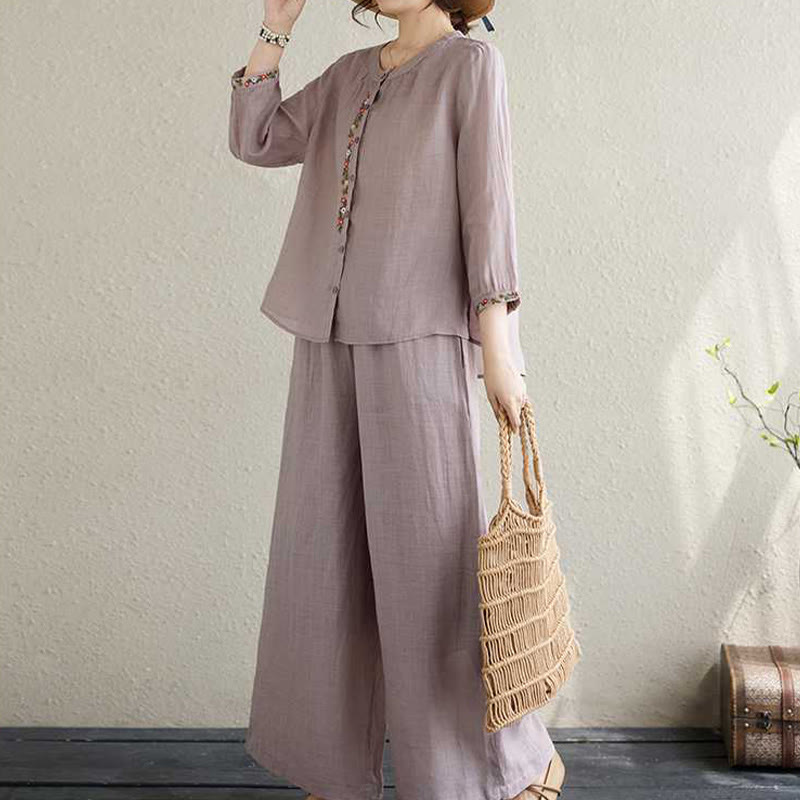 Ensemble 2 pièces en coton avec broderie de fleurs et Buddha Stones , haut et pantalon, vêtements de méditation Zen Tai Chi pour femmes - image 5