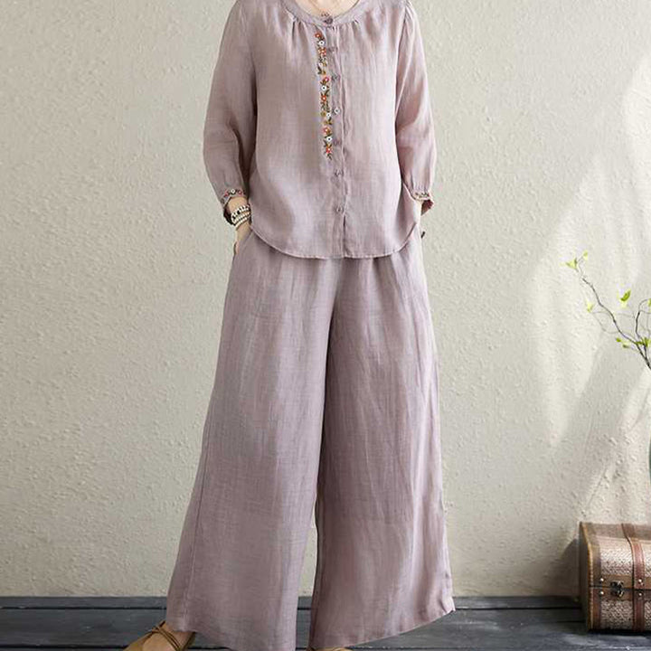 Ensemble 2 pièces en coton avec broderie de fleurs et Buddha Stones , haut et pantalon, vêtements de méditation Zen Tai Chi pour femmes - image 3