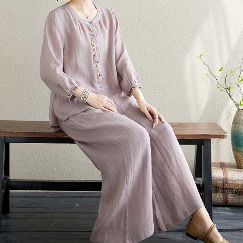 Ensemble 2 pièces en coton avec broderie de fleurs et Buddha Stones , haut et pantalon, vêtements de méditation Zen Tai Chi pour femmes - image 9