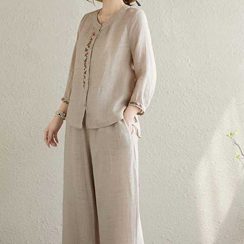 Ensemble 2 pièces en coton avec broderie de fleurs et Buddha Stones , haut et pantalon, vêtements de méditation Zen Tai Chi pour femmes - image 13