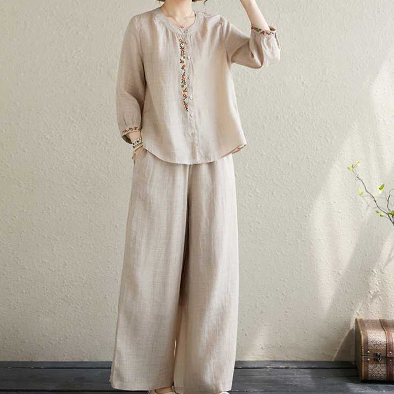 Ensemble 2 pièces en coton avec broderie de fleurs et Buddha Stones , haut et pantalon, vêtements de méditation Zen Tai Chi pour femmes - Beige - US6，UK/AU10，EU38 (XL) - image 11